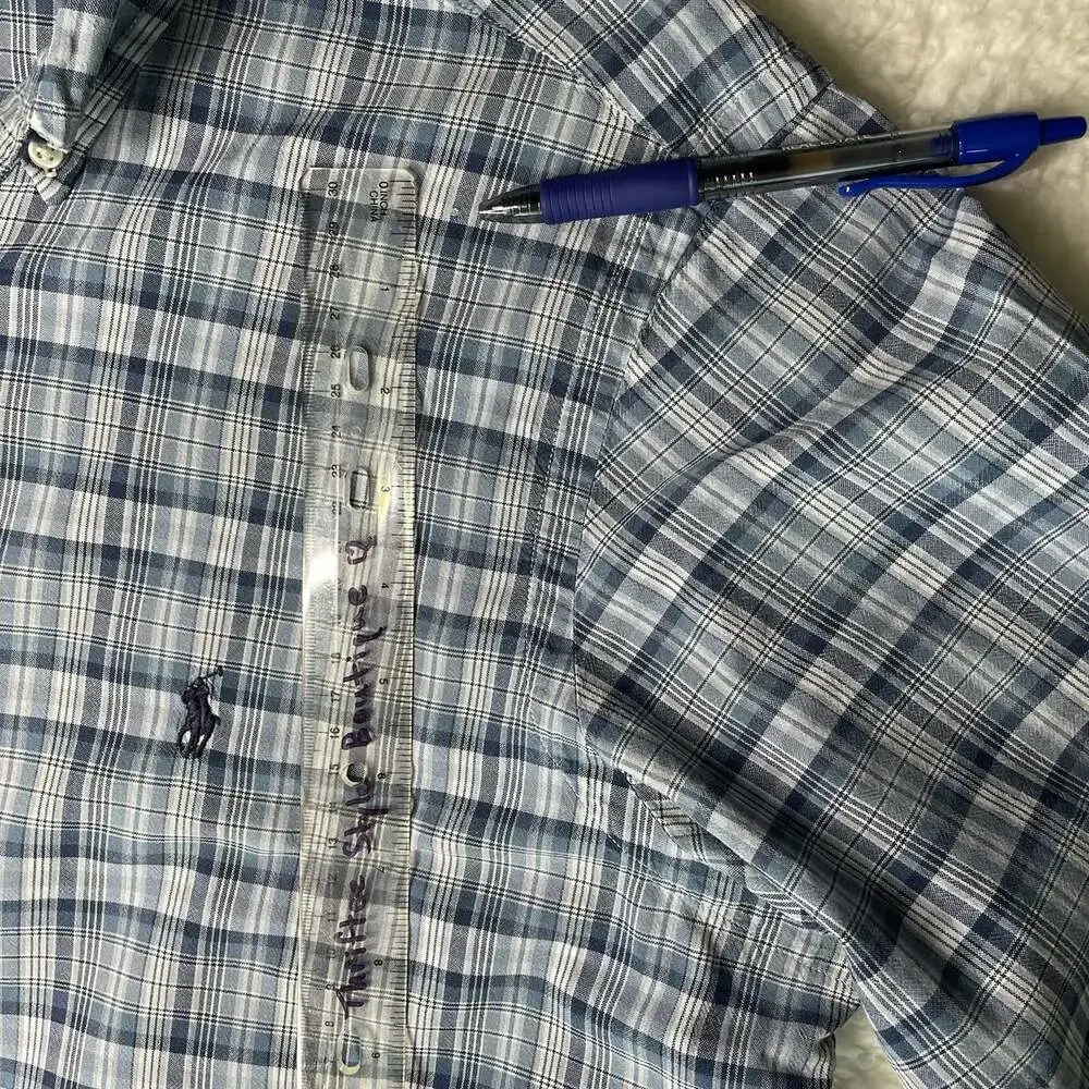 Ralph Lauren Polo Logo Classic Fit Mens M Short Sleeve Blue Plaid Button Down